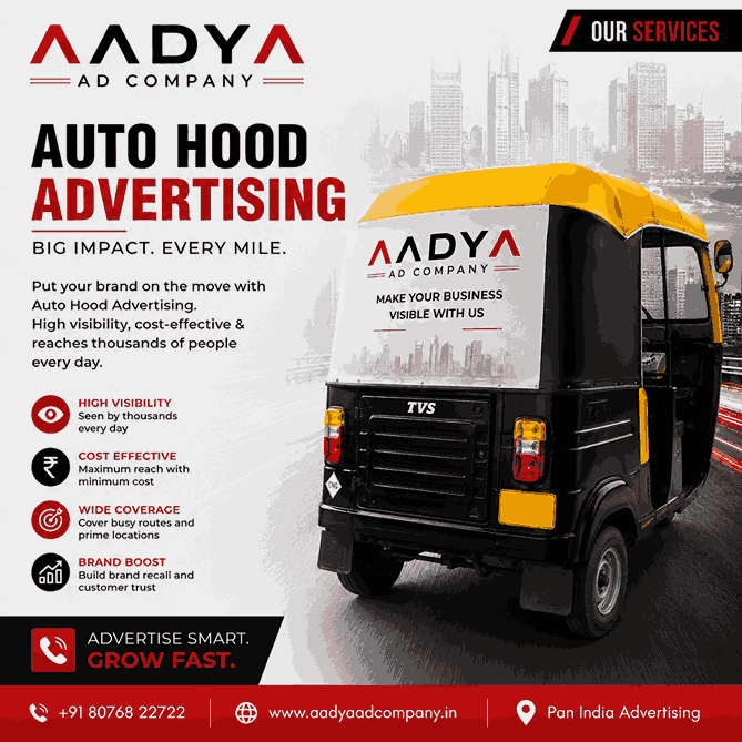 Aadya Ad Company auto hood advertising service banner with branded auto rickshaw marketing